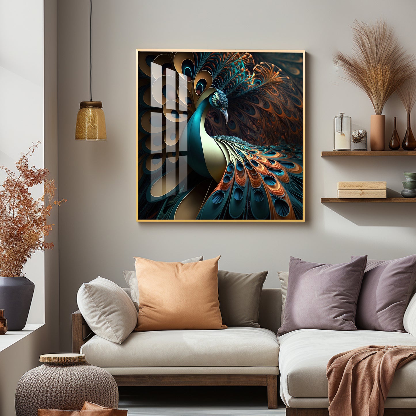 Peacock Is Shown With Large Feather Premium Acrylic Square Wall Art