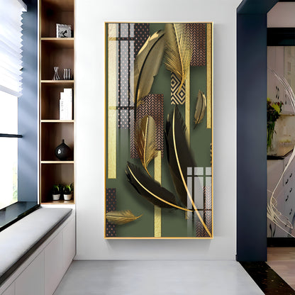 Black & Golden Feathers Premium Acrylic Vertical Wall Art