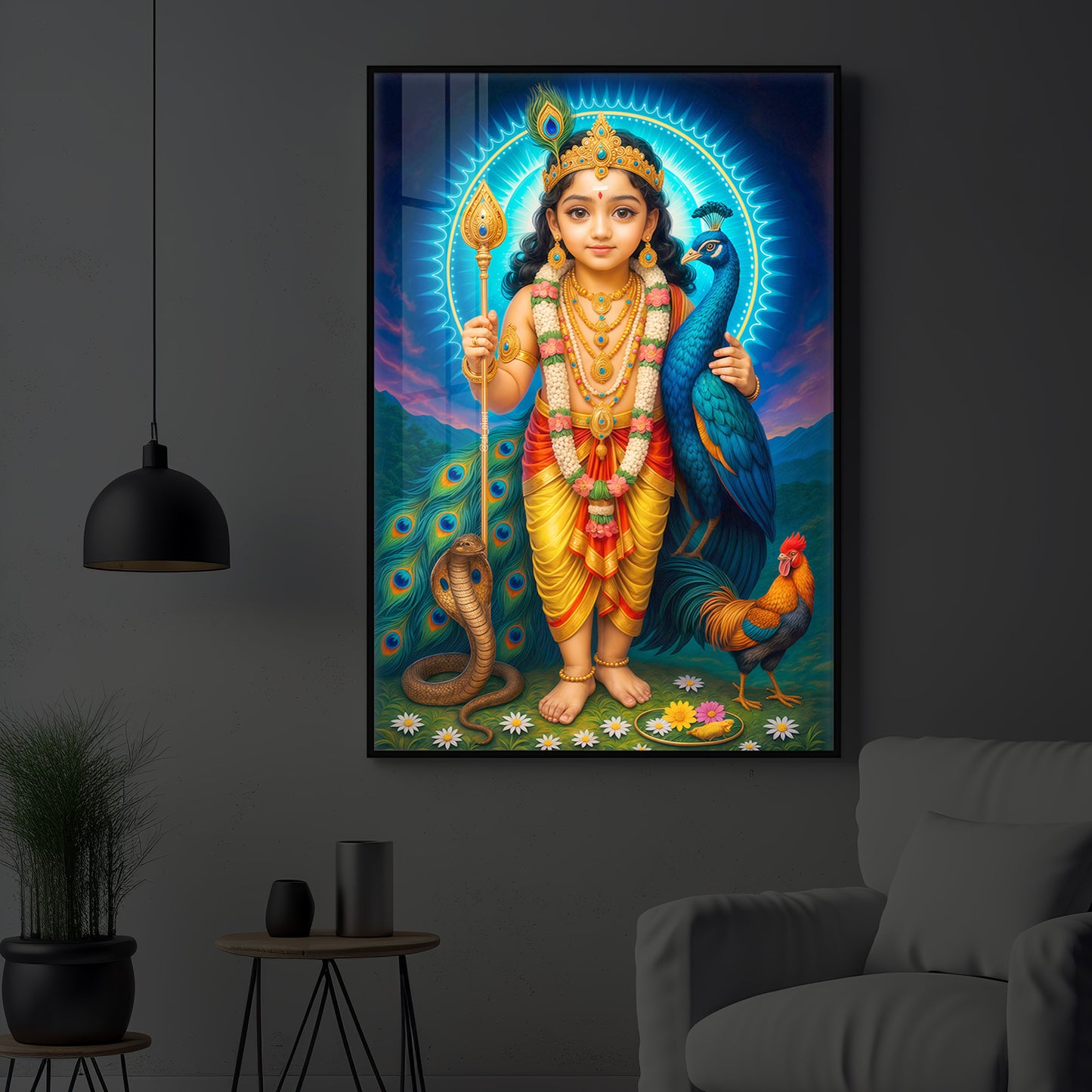 Lord Murugan Ji Modern Luxury Backlight Vertical Wall Art