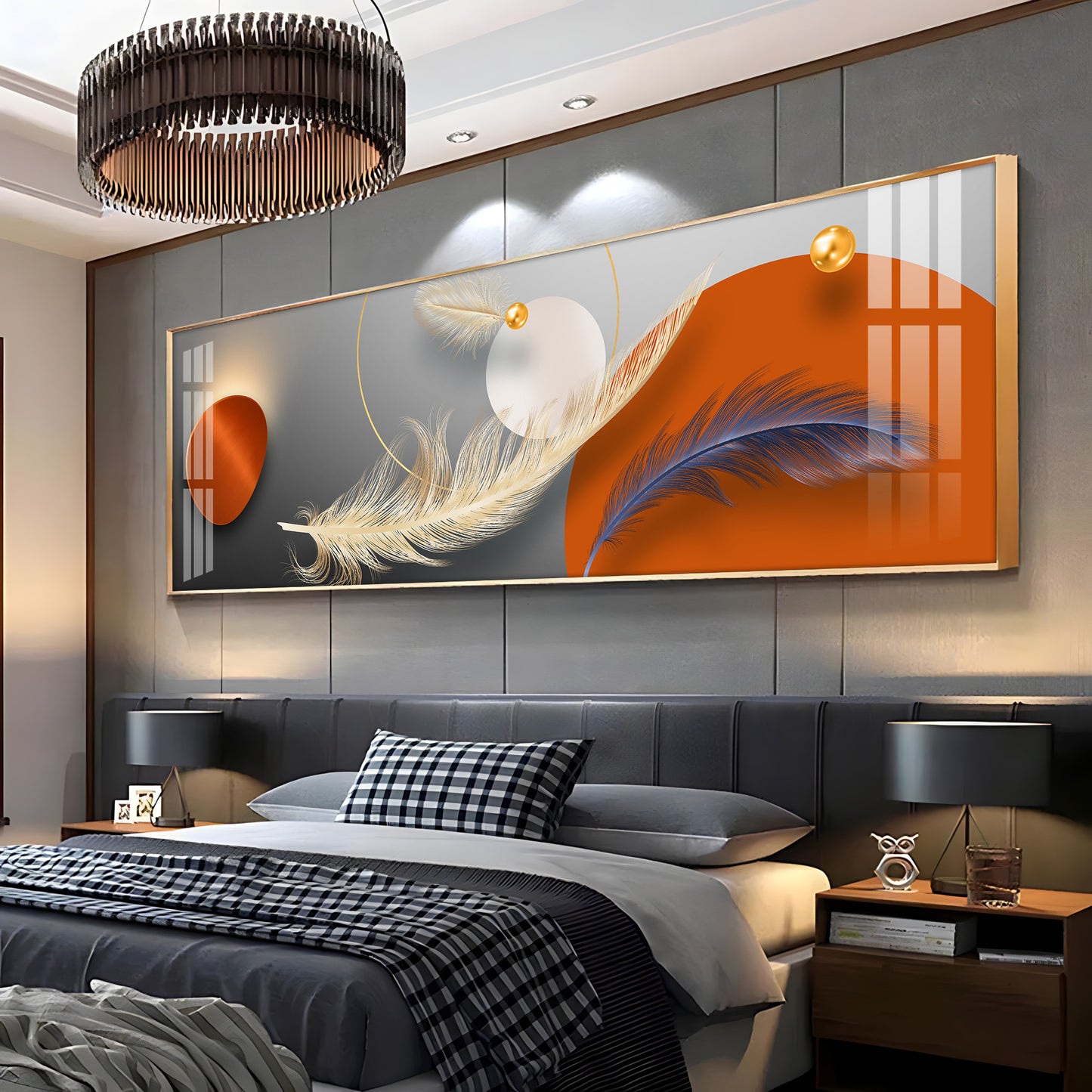 Feathers With Orange Circle Premium Acrylic Horizontal Wall Art