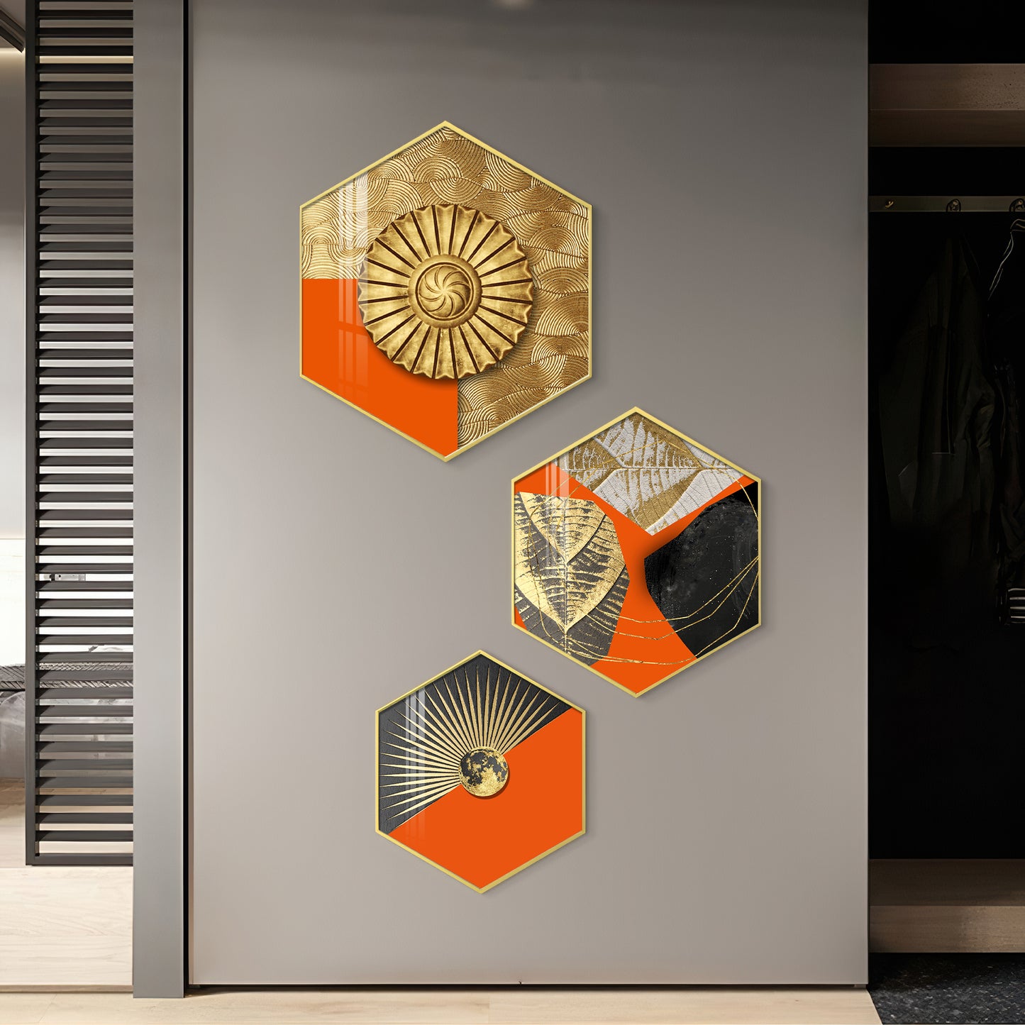 Gold & Orange Accents Premium Acrylic Hexagon Wall Art (Set of 3)