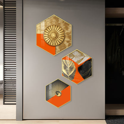 Gold & Orange Accents Premium Acrylic Hexagon Wall Art (Set of 3)