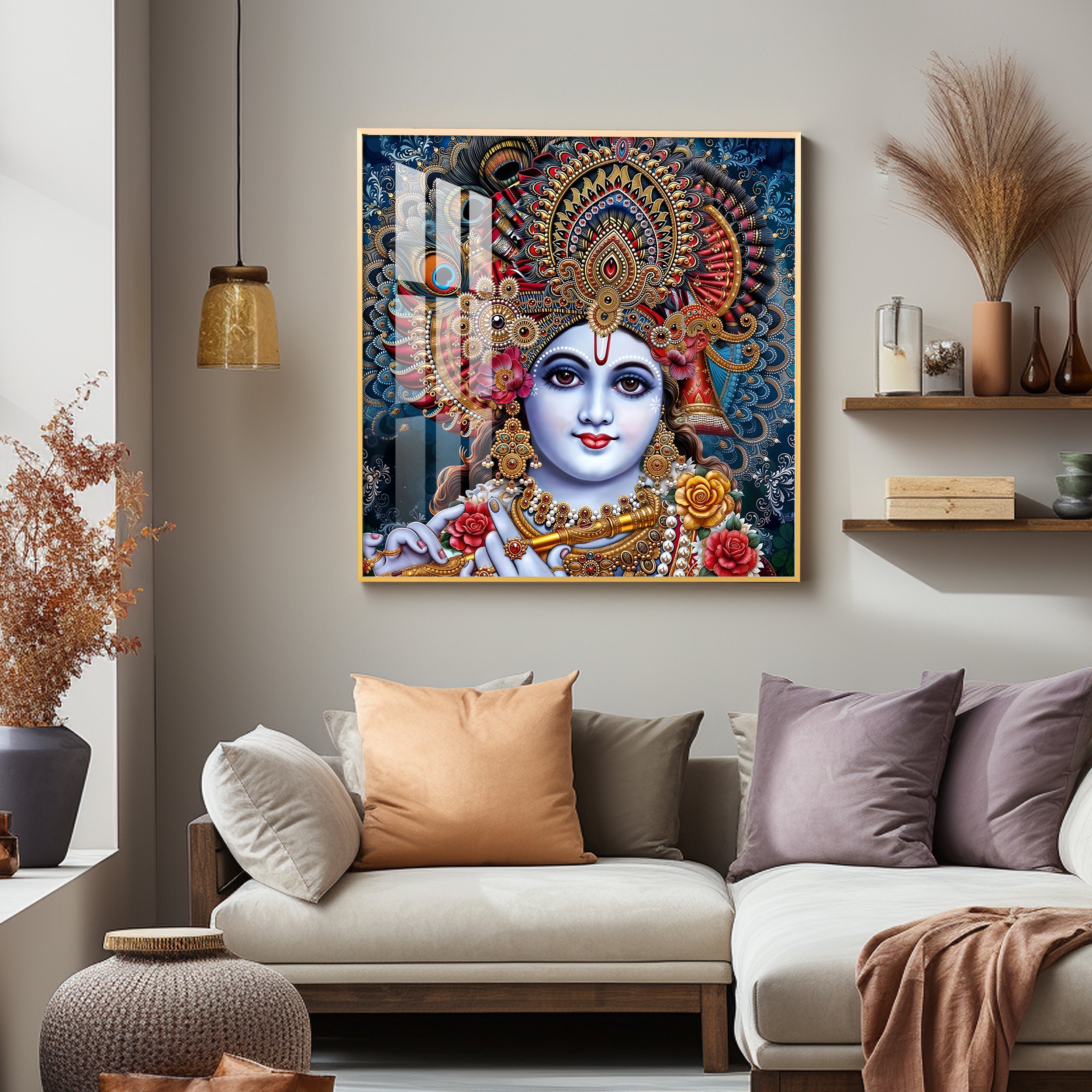 Shri Krishna With Bansuri Premium Acrylic Square Wall Art