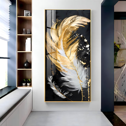 White & Golden Feather Luxury Crystal Vertical Wall Art