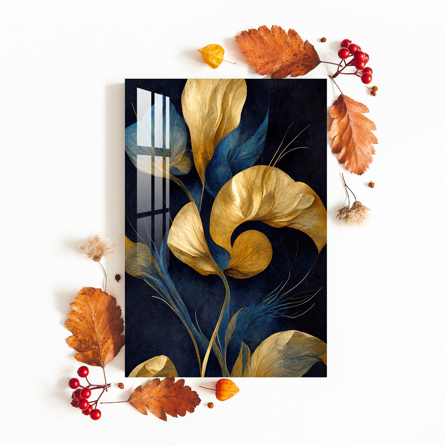 Golden Brushed Leaves Acrylic Wall Art