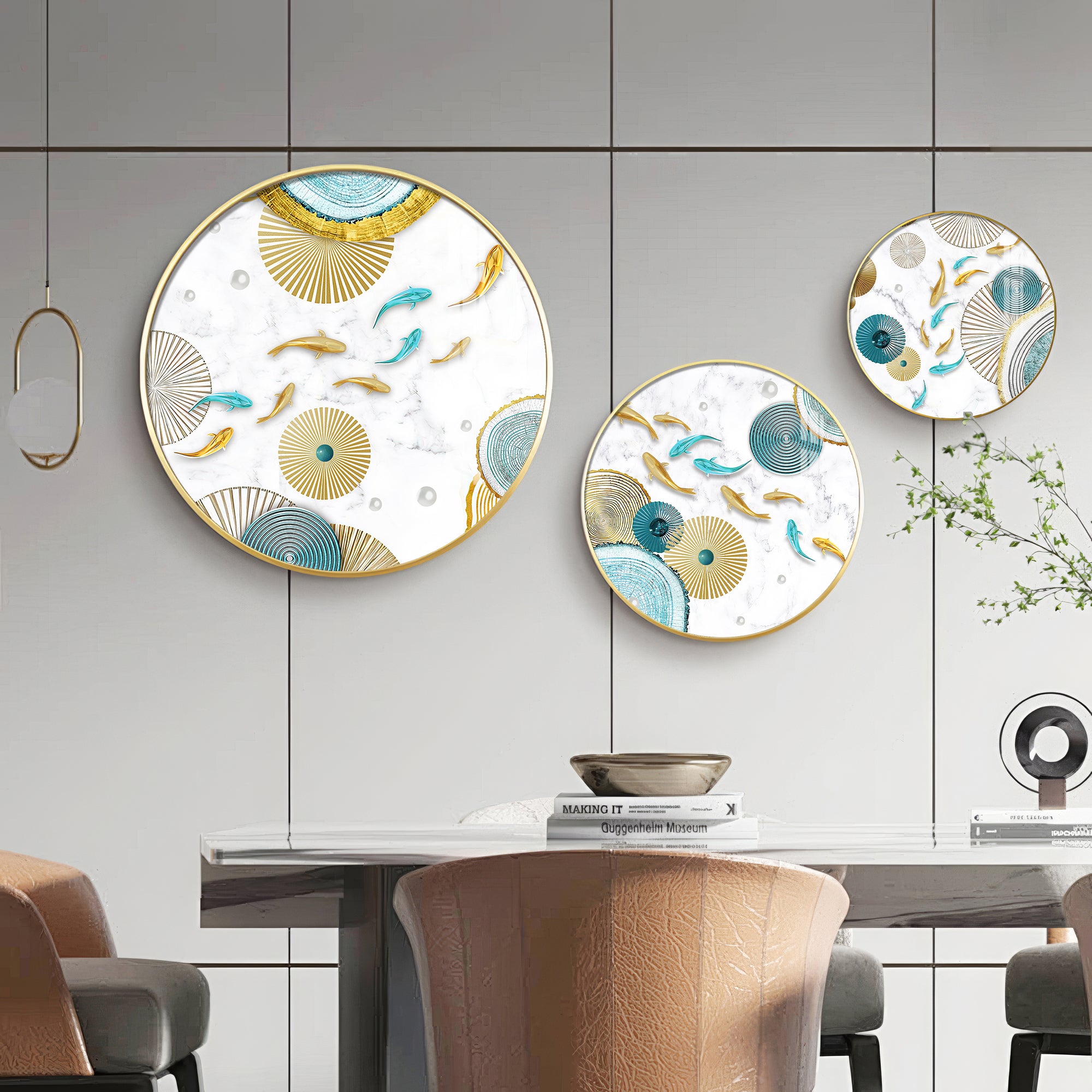 Koi Fish In Blue & Gold Premium Acrylic Round Wall Art (Set of 3)
