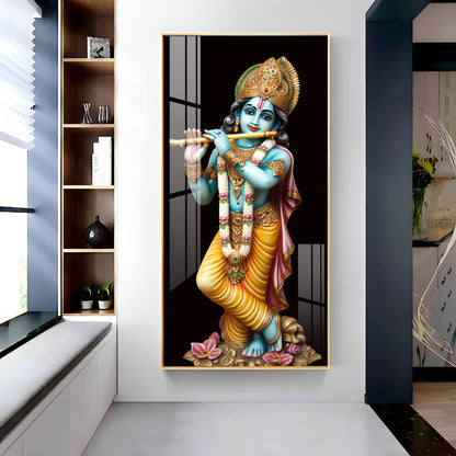 Lord Krishna With Flute Premium Acrylic Vertical Wall Art