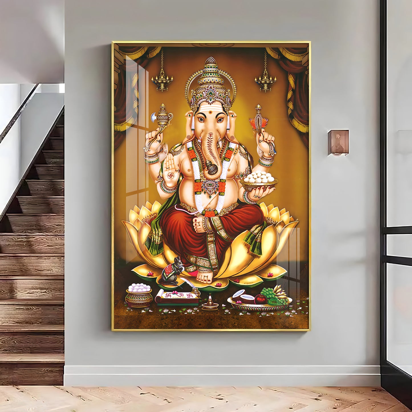 Lord Ganesha On Gold Lotus Premium Vertical Acrylic Wall Art