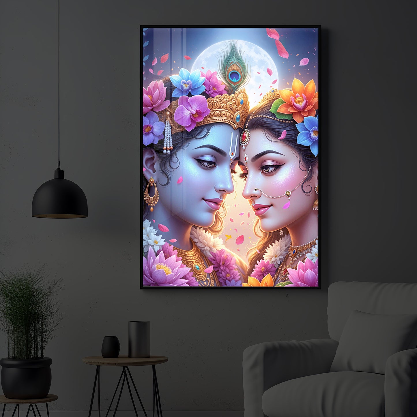 Loving Shri Radha Krishna Modern Luxury Backlight Vertical Wall Art