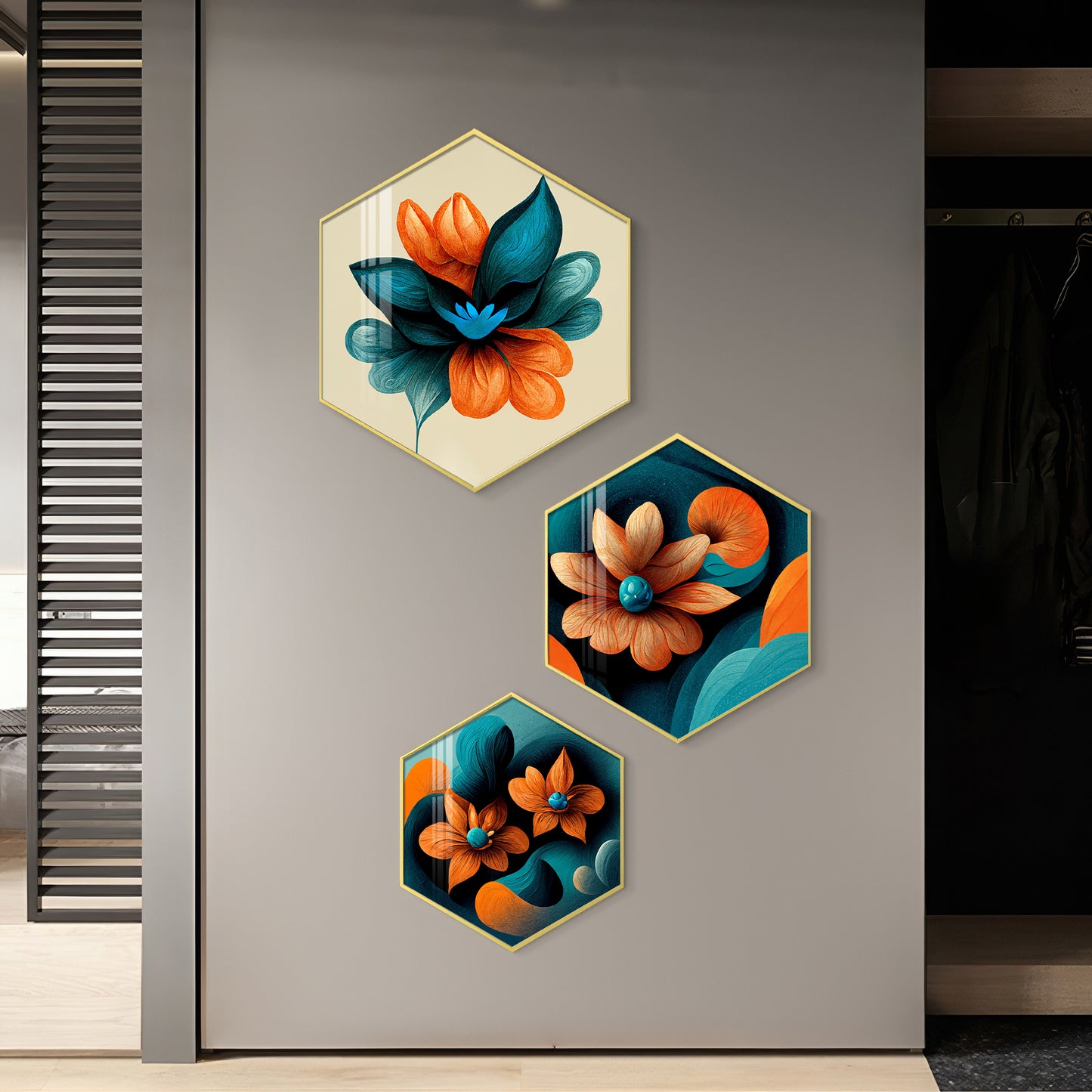 Colorful Flower Premium Acrylic Hexagon Wall Art (Set of 3)