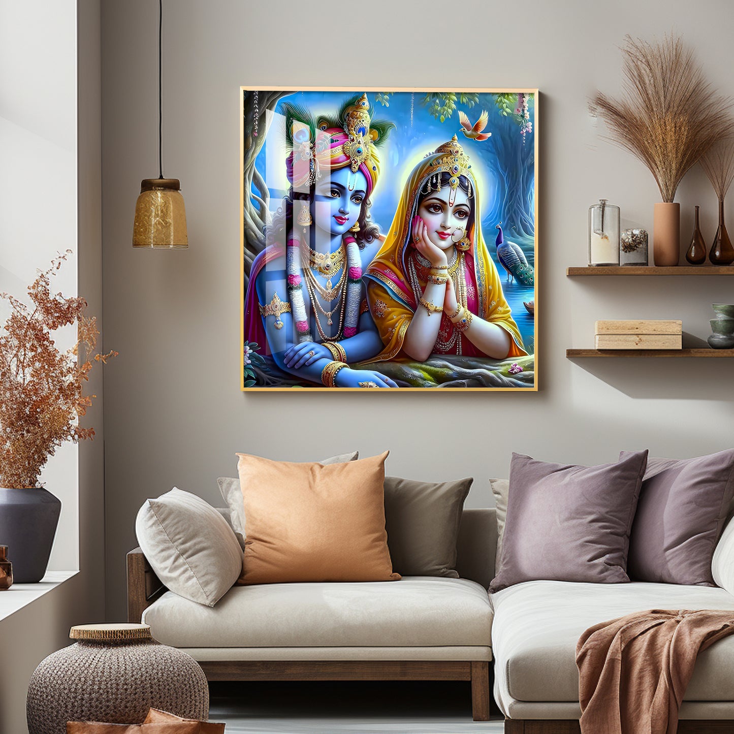 Radha Krishna In Vatika Premium Acrylic Square Wall Art