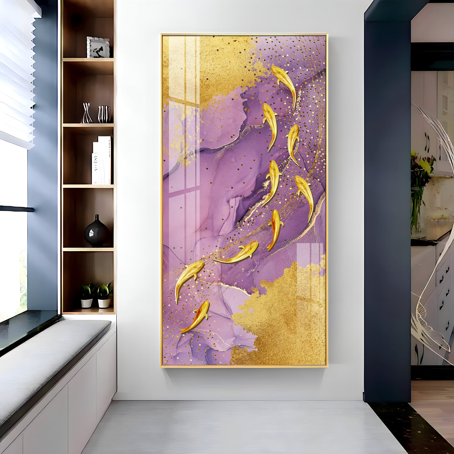 Purple Textured Golden Fish Premium Acrylic Vertical Wall Art