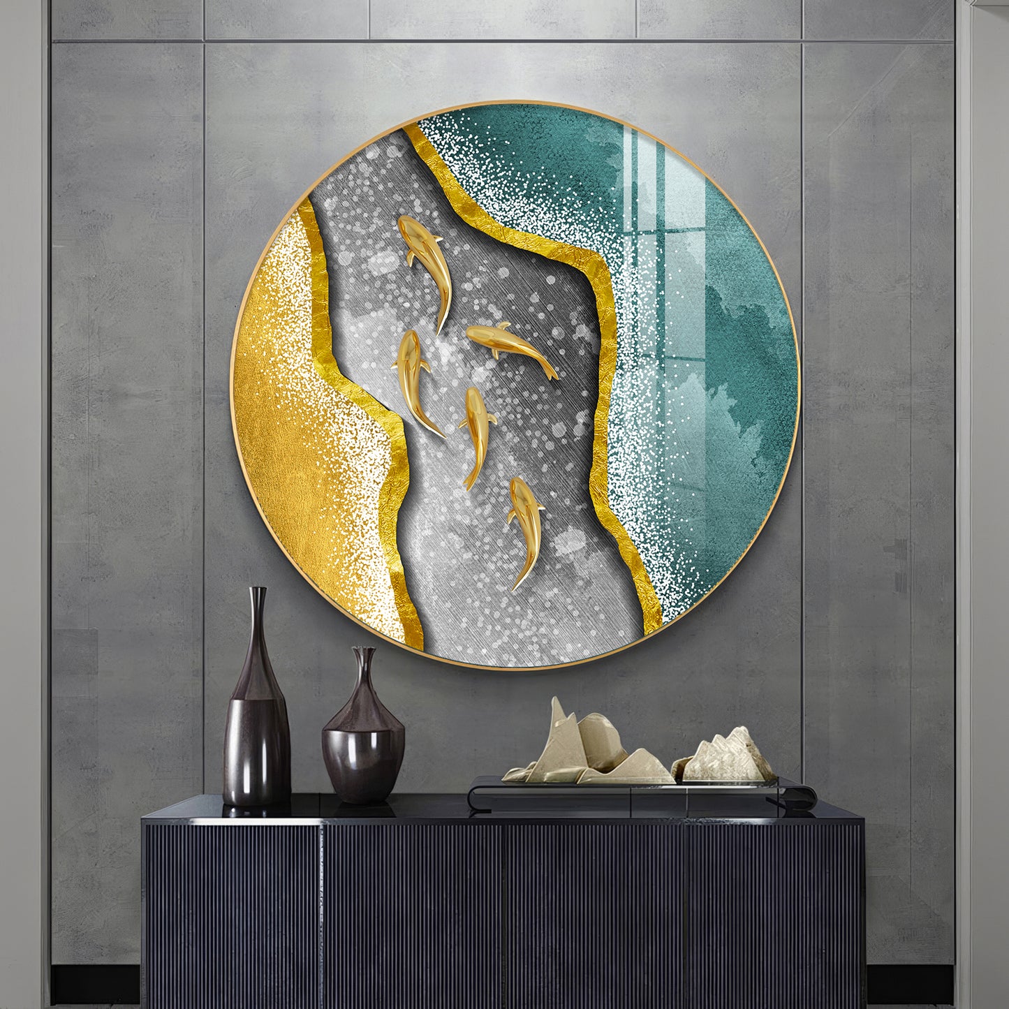 Koi Fish In Waves Premium Acrylic Round Wall Art