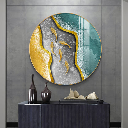 Koi Fish In Waves Premium Acrylic Round Wall Art