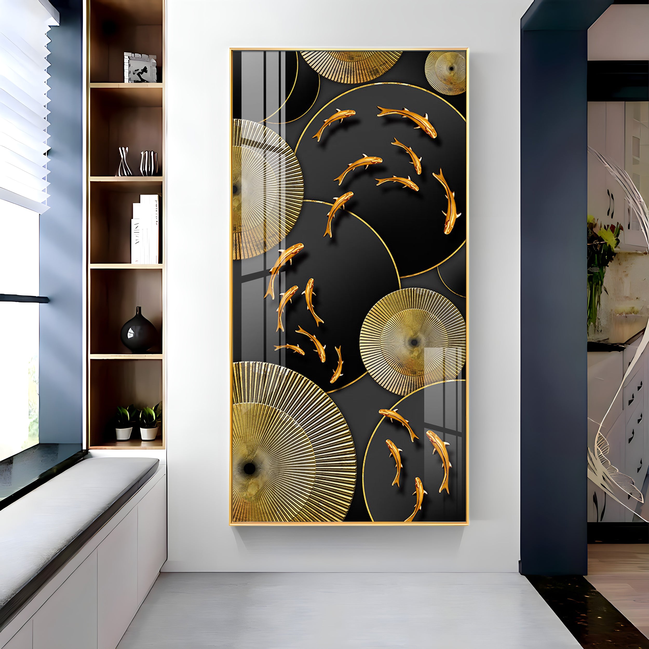 Optimistic Golden Koi Fishes Luxury Crystal Wall Art