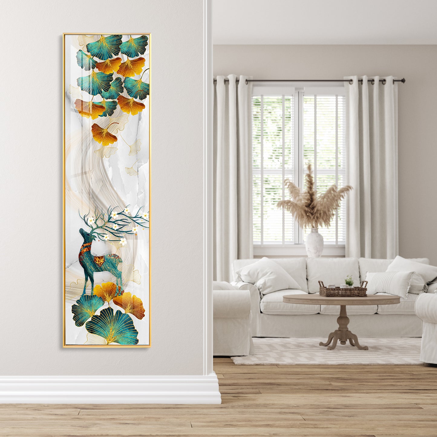 Deer On Golden Ginkgo Leaf Vertical Premium Acrylic Vertical Wall Art