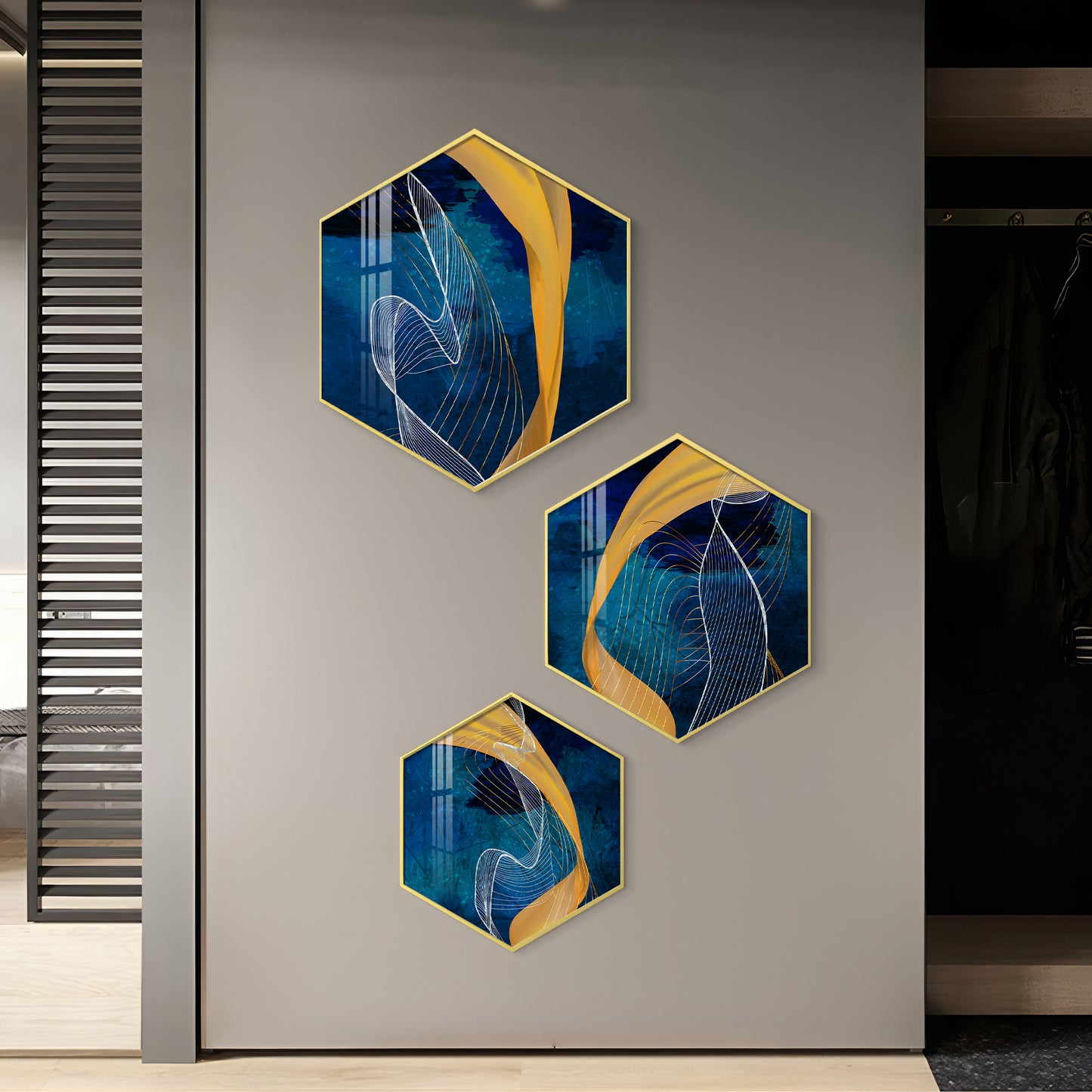 Asatic Wave Premium Acrylic Hexagon Wall Art (Set of 3)