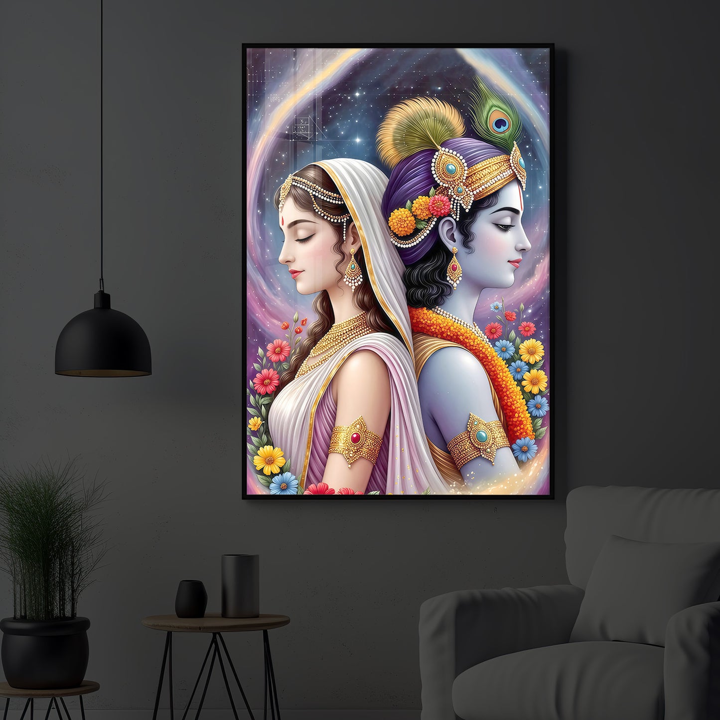 Lord Sri Radhe Krishna Modern Luxury Backlight Vertical Wall Art