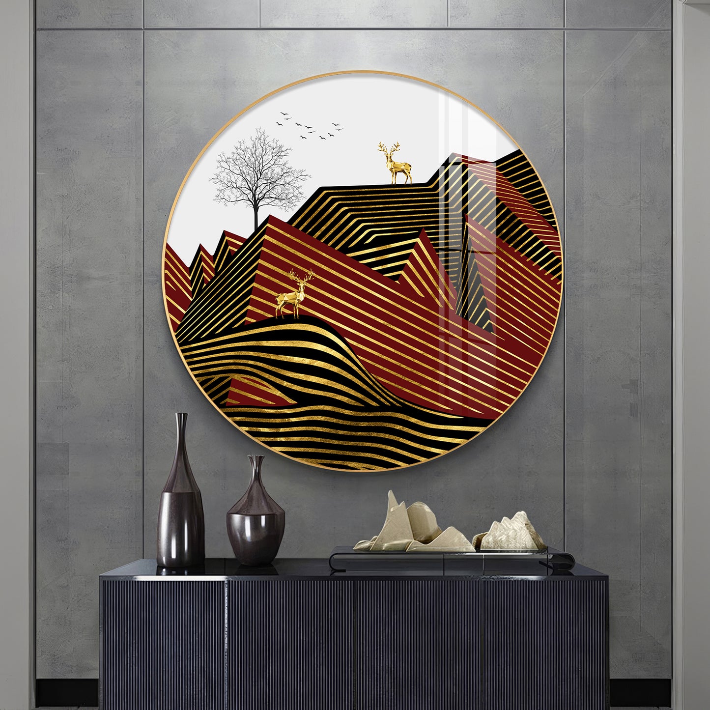 Deer and Mountain Premium Acrylic Round Wall Art