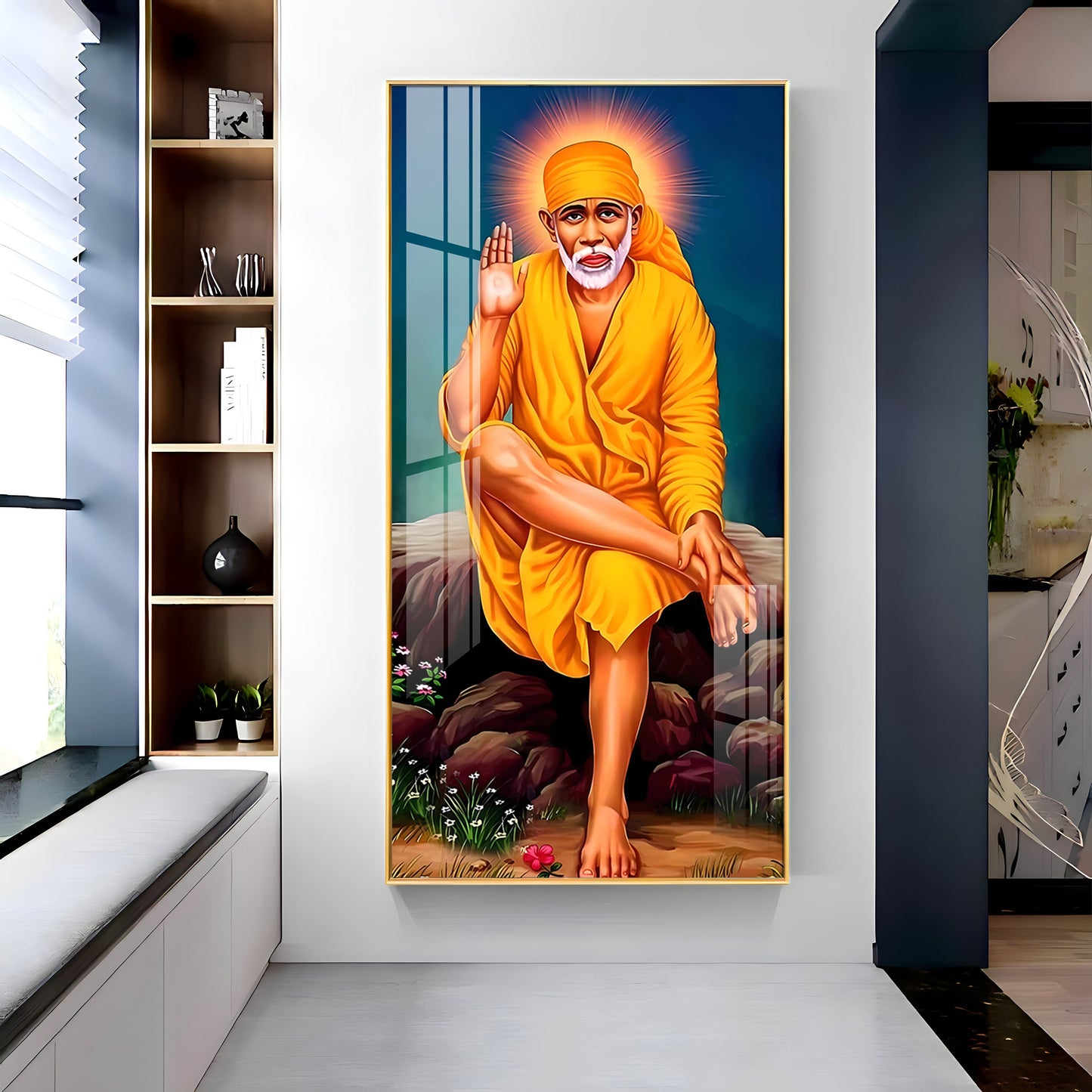 Shirdi Sai Baba Premium Acrylic Vertical Wall Art - 24X12 inches / Gold