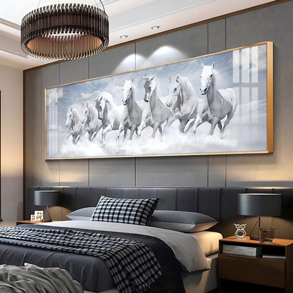 Seven Lucky Running White Horses Premium Acrylic Horizontal Wall Art