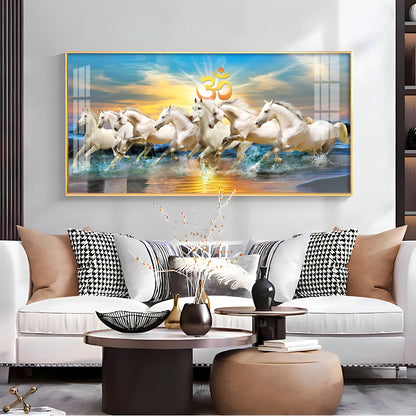 White Running Horses in Sea with Om Premium Acrylic Horizontal Wall Art