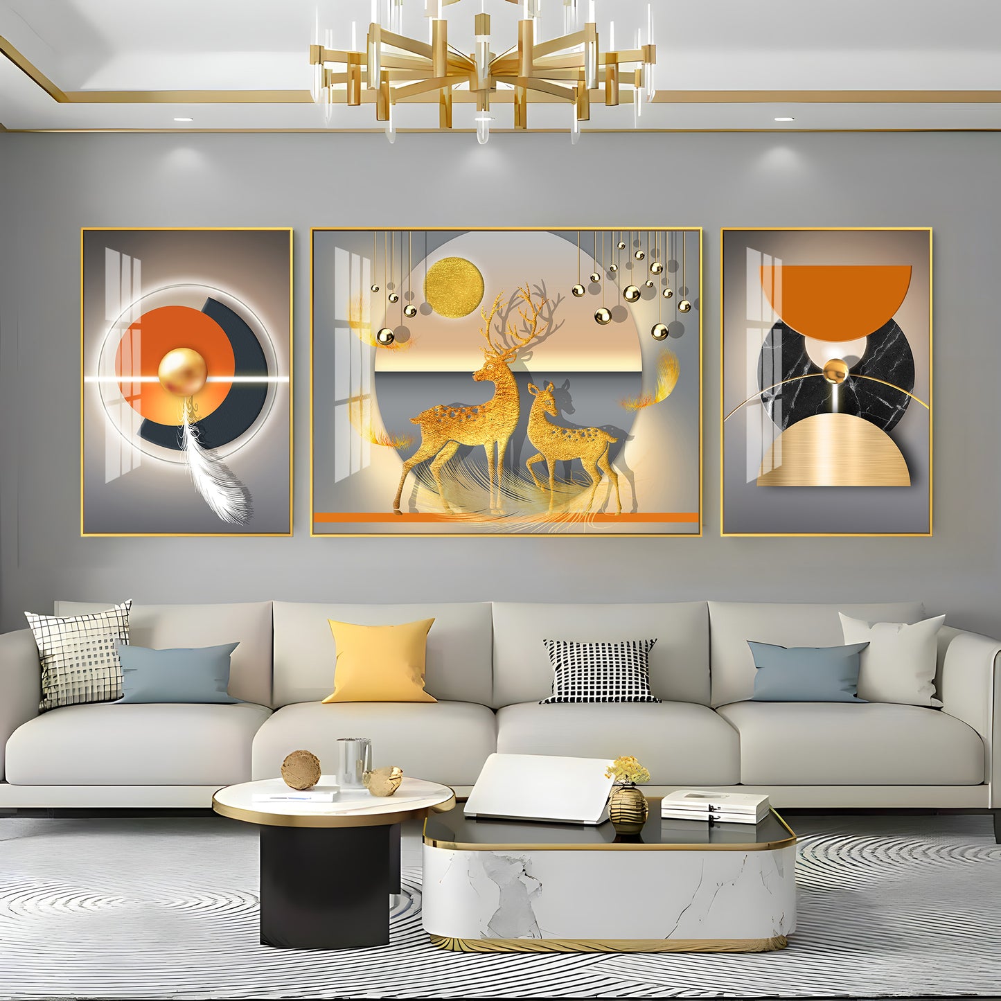 Golden Deers Premium Acrylic Wall Art (Set of 3)