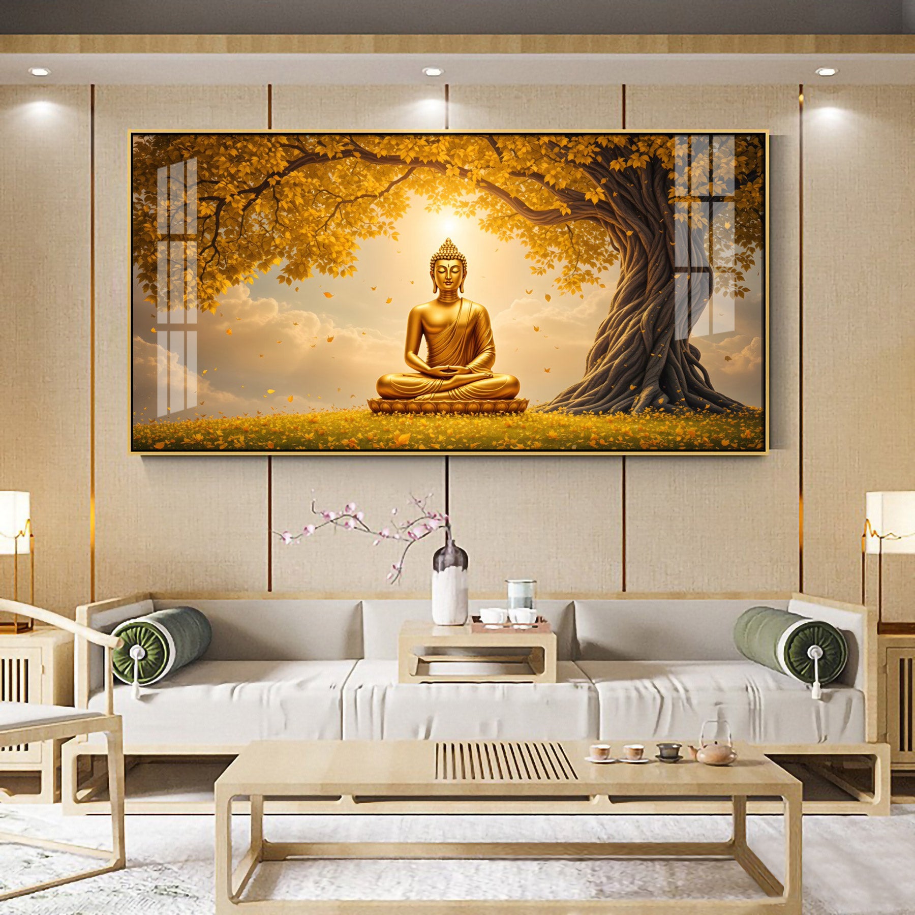 Meditating Buddha Under Goldern Tree Premium Acrylic Horizontal Wall Art