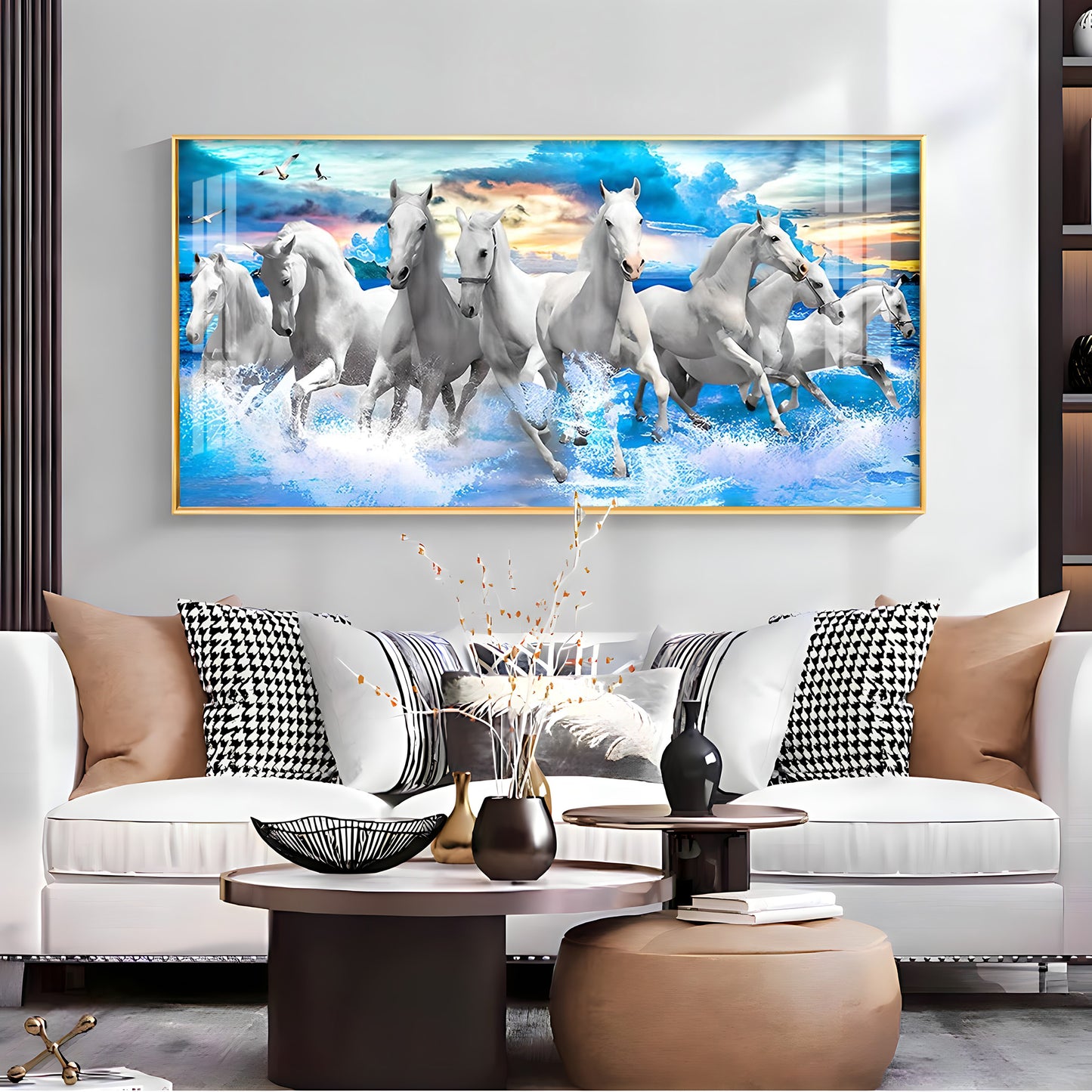 Vastu Running Horses With Sunrise Premium Acrylic Horizontal Wall Art