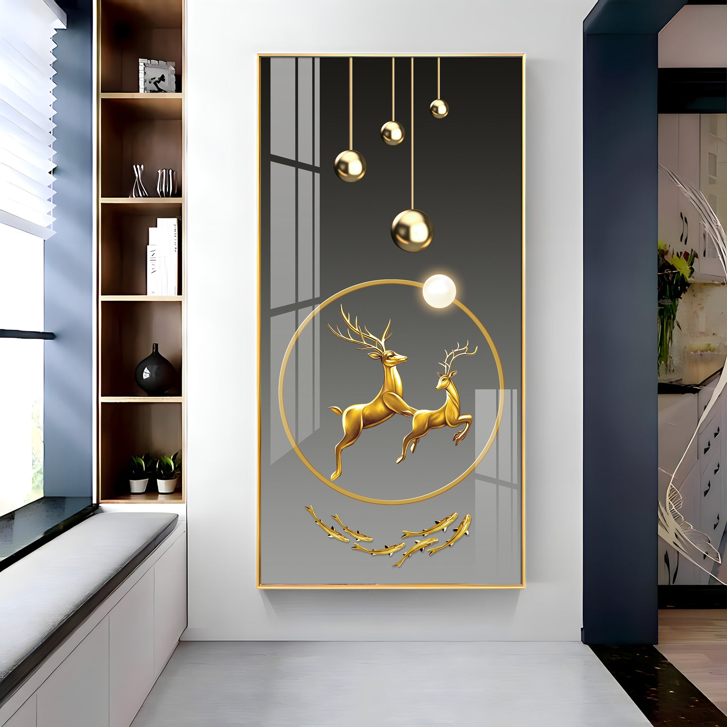 Dancing Golden Reindeer Premium Acrylic Vertical Wall Art