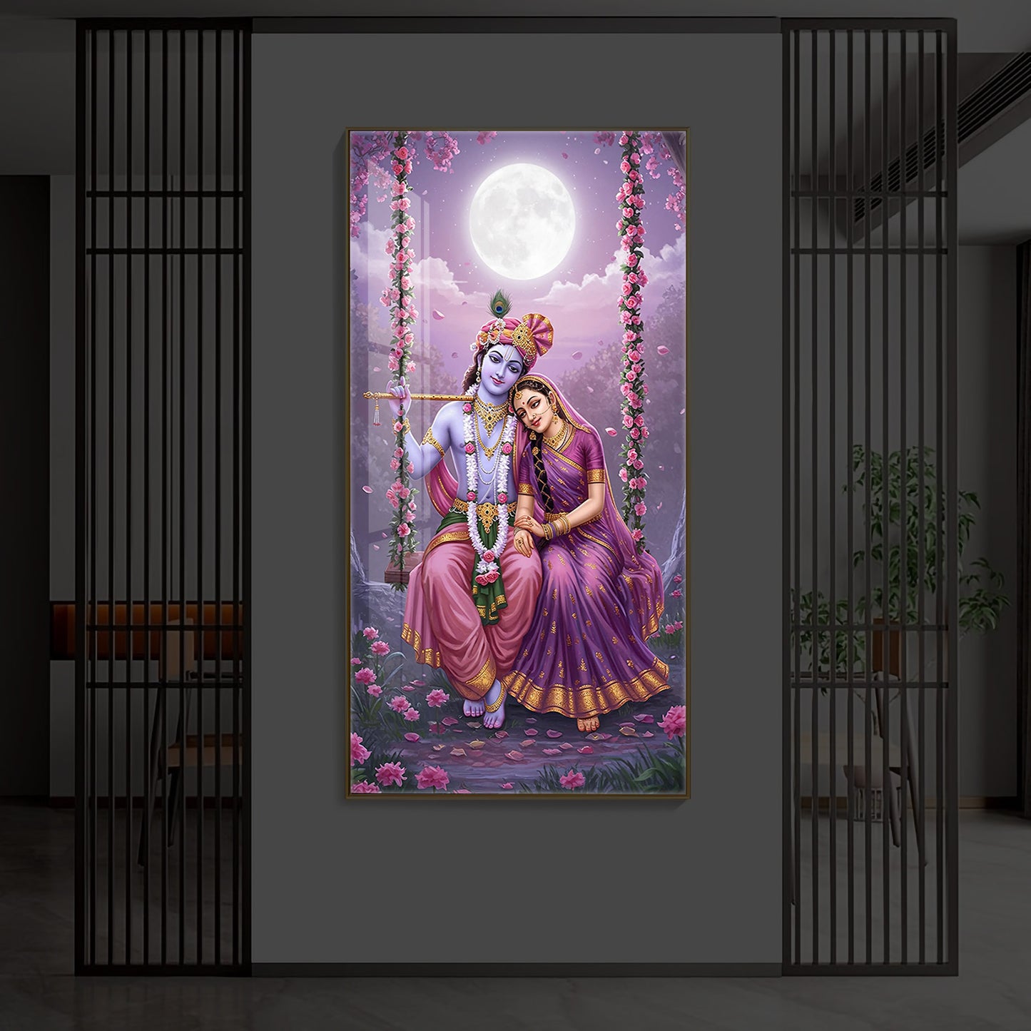 Loving Radha Krishna Modern Luxury Backlight Vertical Wall Art