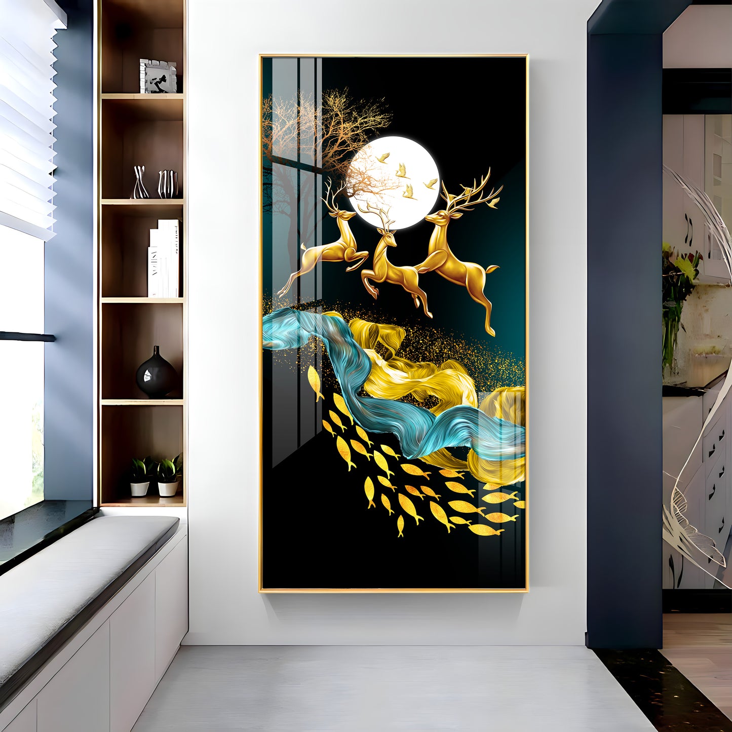 Jolly Deers With Koi Fish Premium Acrylic Vertical Wall Art