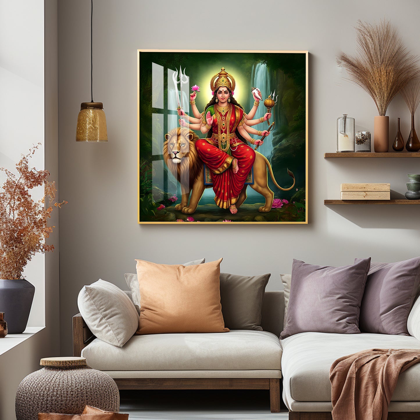 Divine Majesty Of Goddess On Tiger Premium Acrylic Square Wall Art