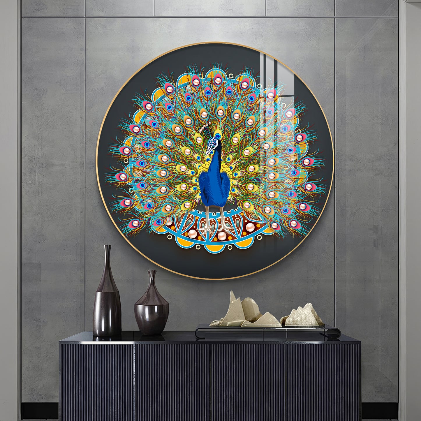Vibrant Peacock Premium Acrylic Round Wall Art