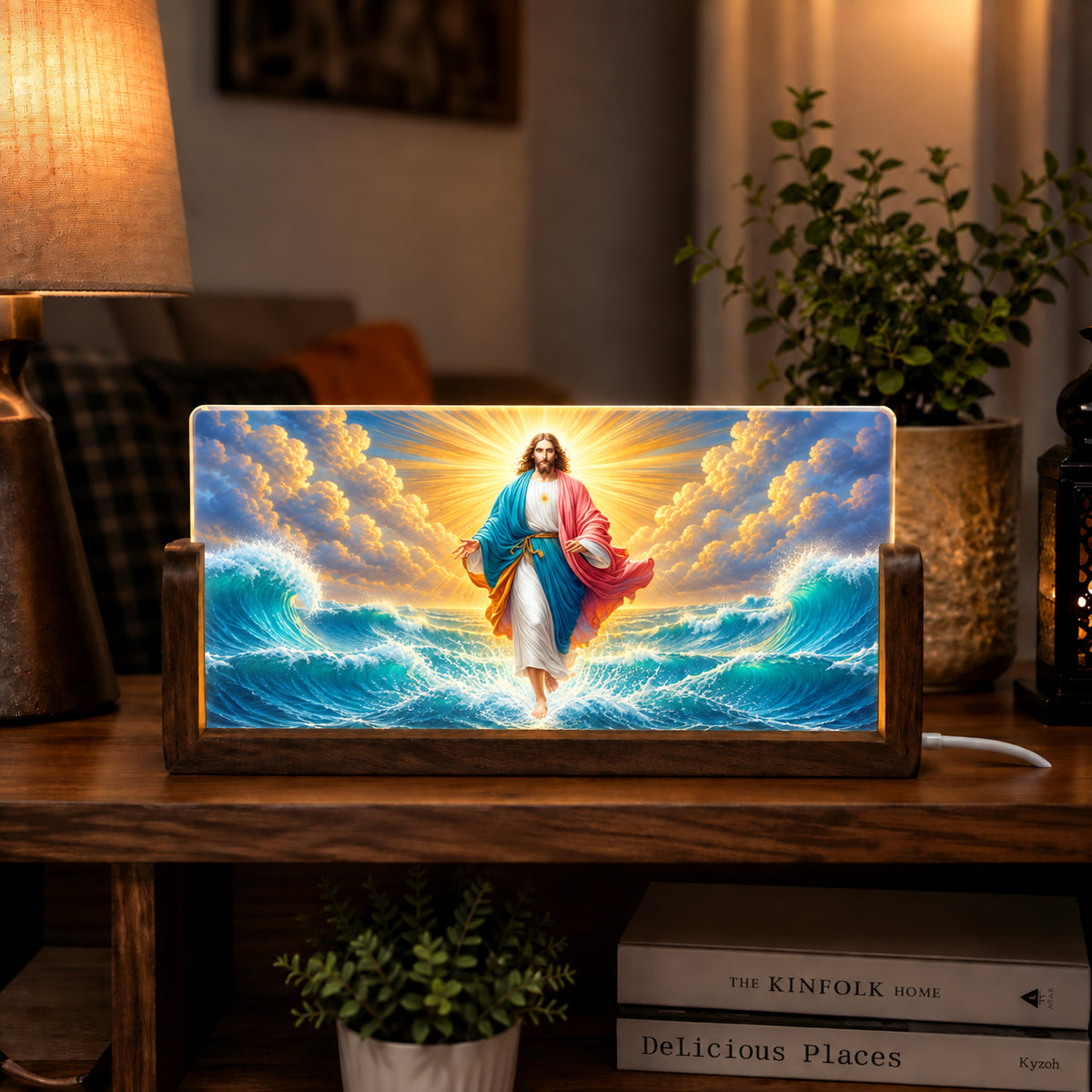 Divine Jesus Acrylic LED Table Lamp - Wooden Stand