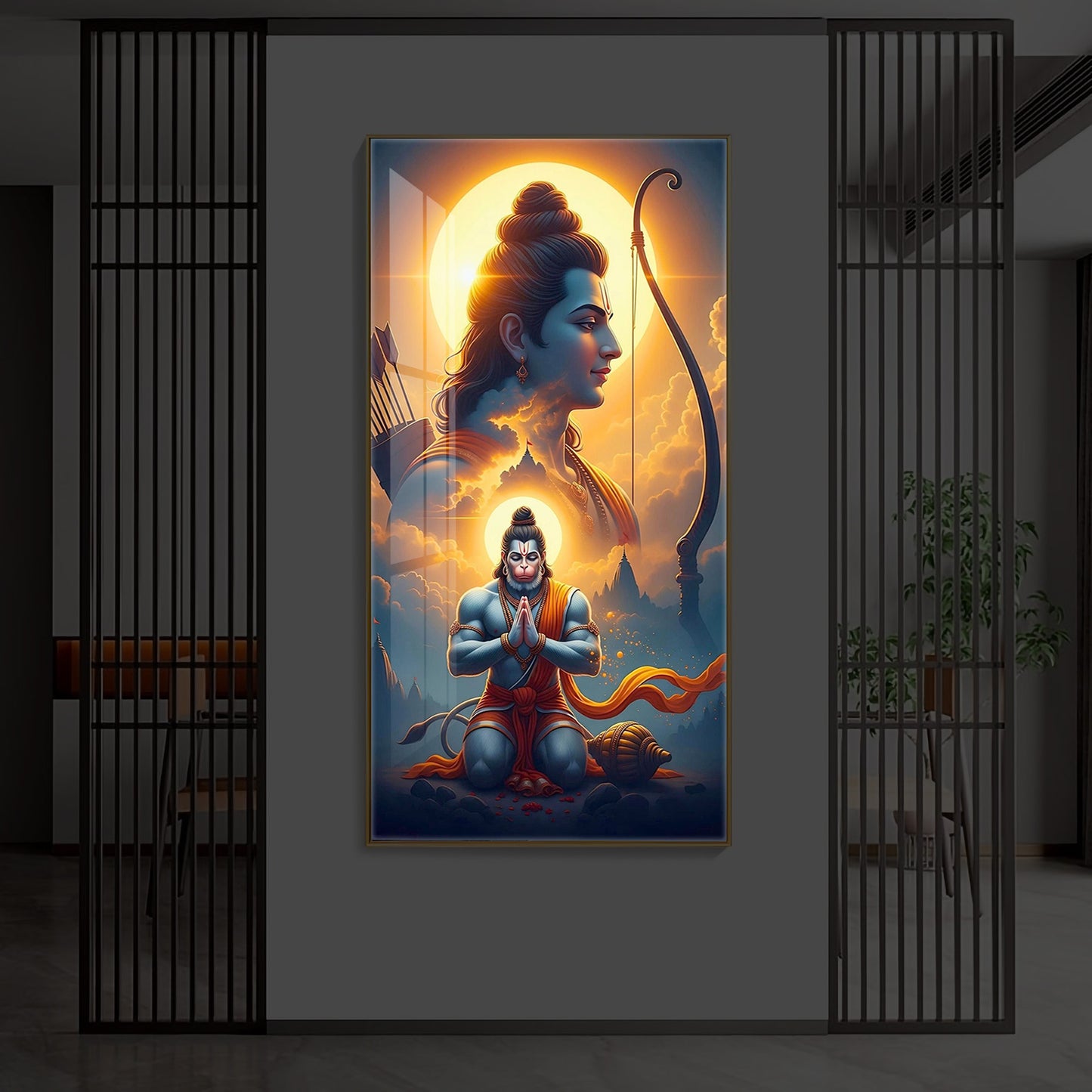 Ram and Hanuman Ji Modern Luxury Backlight Vertical Wall Art