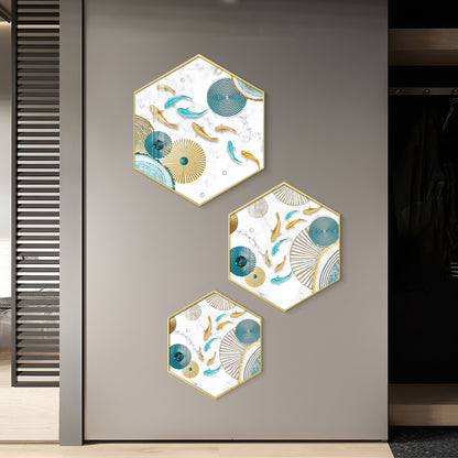Koi Fish In Blue & Gold Premium Acrylic Hexagon Wall Art (Set of 3)