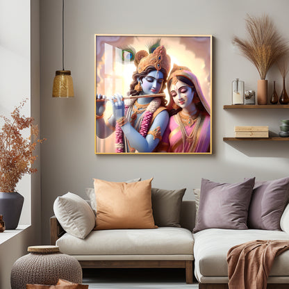 Krishna Playing Flute For Radha Premium Acrylic Square Wall Art