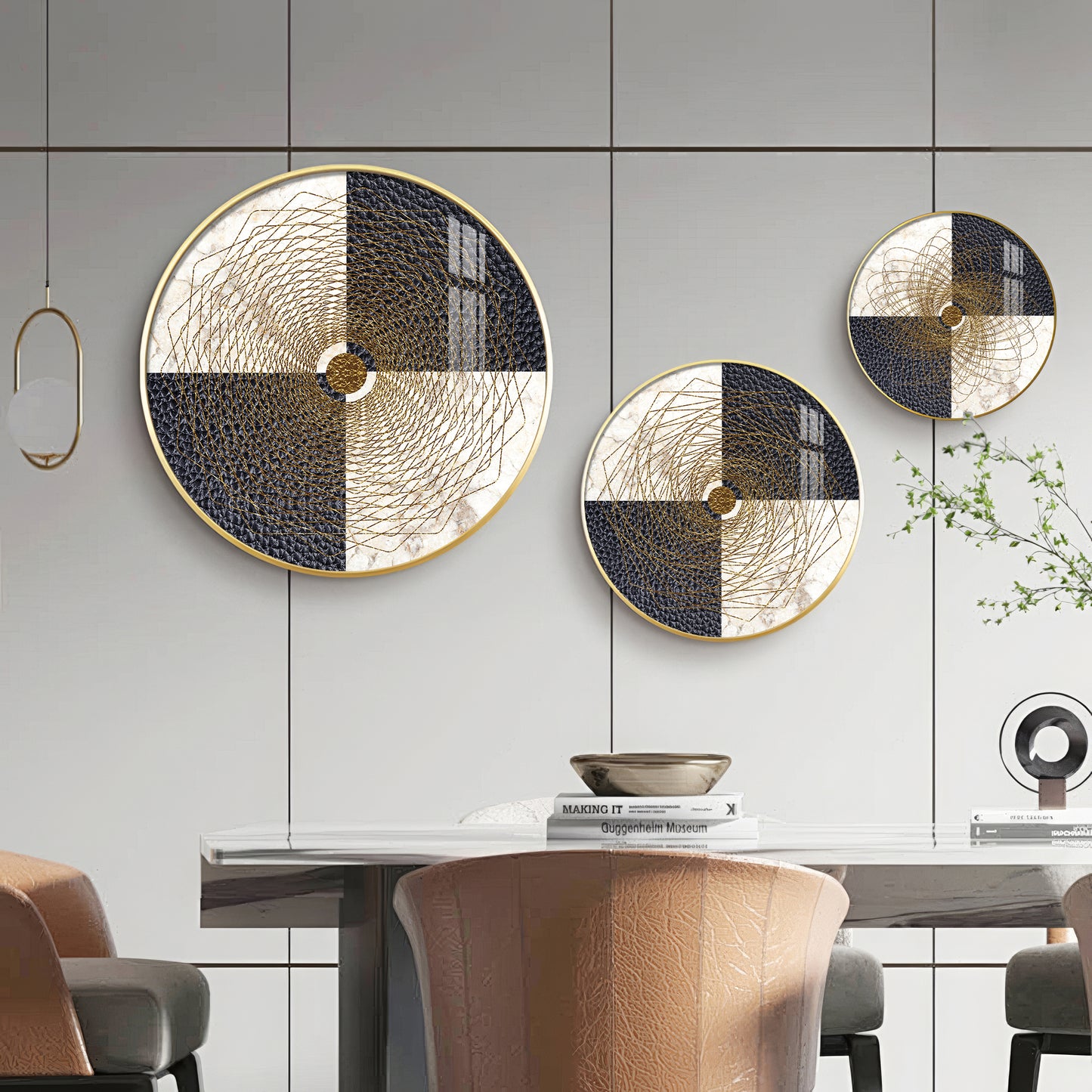 Spiral Line In Golden Premium Acrylic Round Wall Art (Set of 3)
