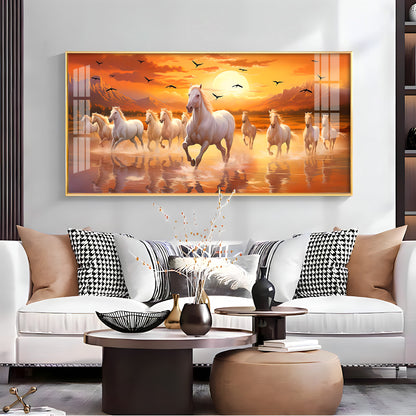 White Running Horses With Sunrise Premium Acrylic Horizontal Wall Art