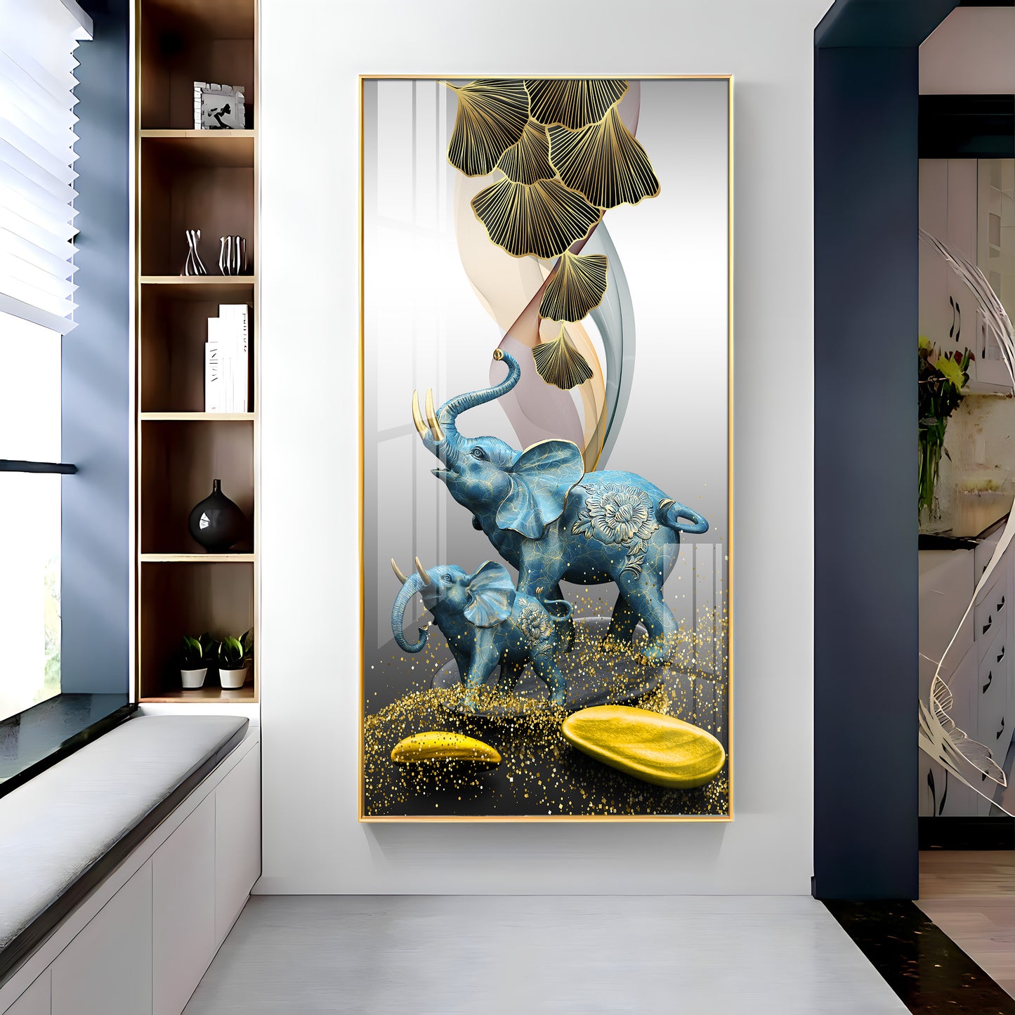 Blue Elephant With Golden Tusk Premium Acrylic Vertical Wall Art