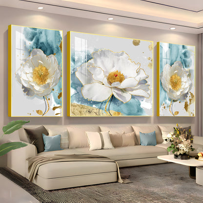 White Peony Blossom Flowers Premium Acrylic Wall Art (Set of 3)