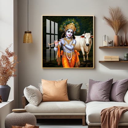 Krishna With The Cow Premium Acrylic Square Wall Art