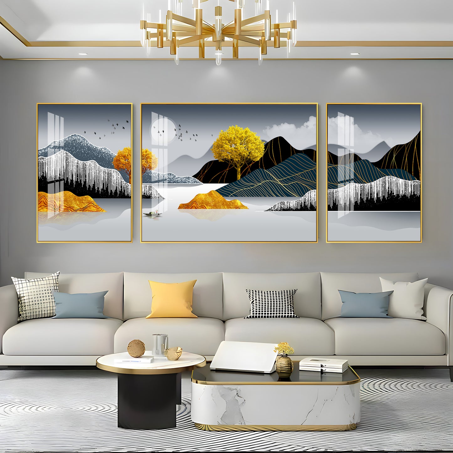 Mountains With Golden Tree Premium Acrylic Wall Art (Set of 3)