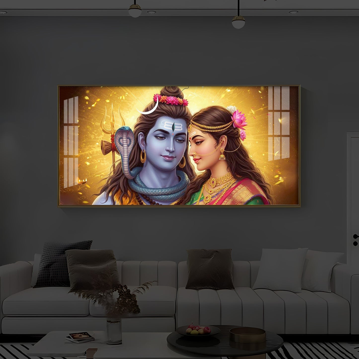 Shiv Parvati Modern Luxury Backlight Horizontal Wall Art
