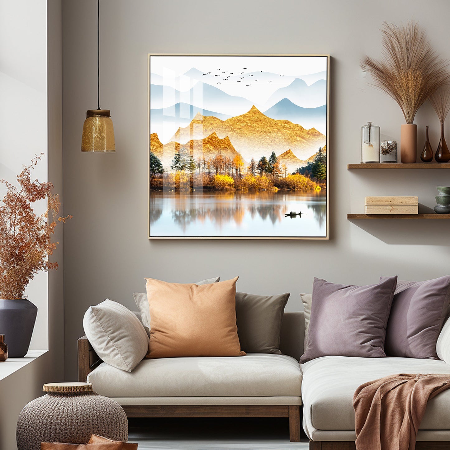 Sun Kissed Mountains Premium Acrylic Square Wall Art - 24X24 inches / Gold