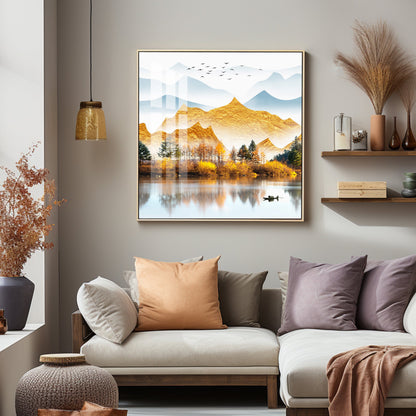 Sun Kissed Mountains Premium Acrylic Square Wall Art - 24X24 inches / Gold