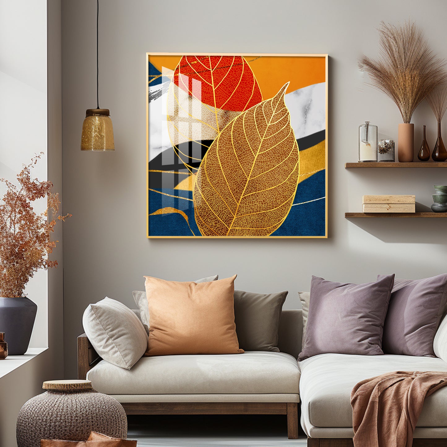 Yellow Tree Leaves Feathers Premium Acrylic Square Wall Art