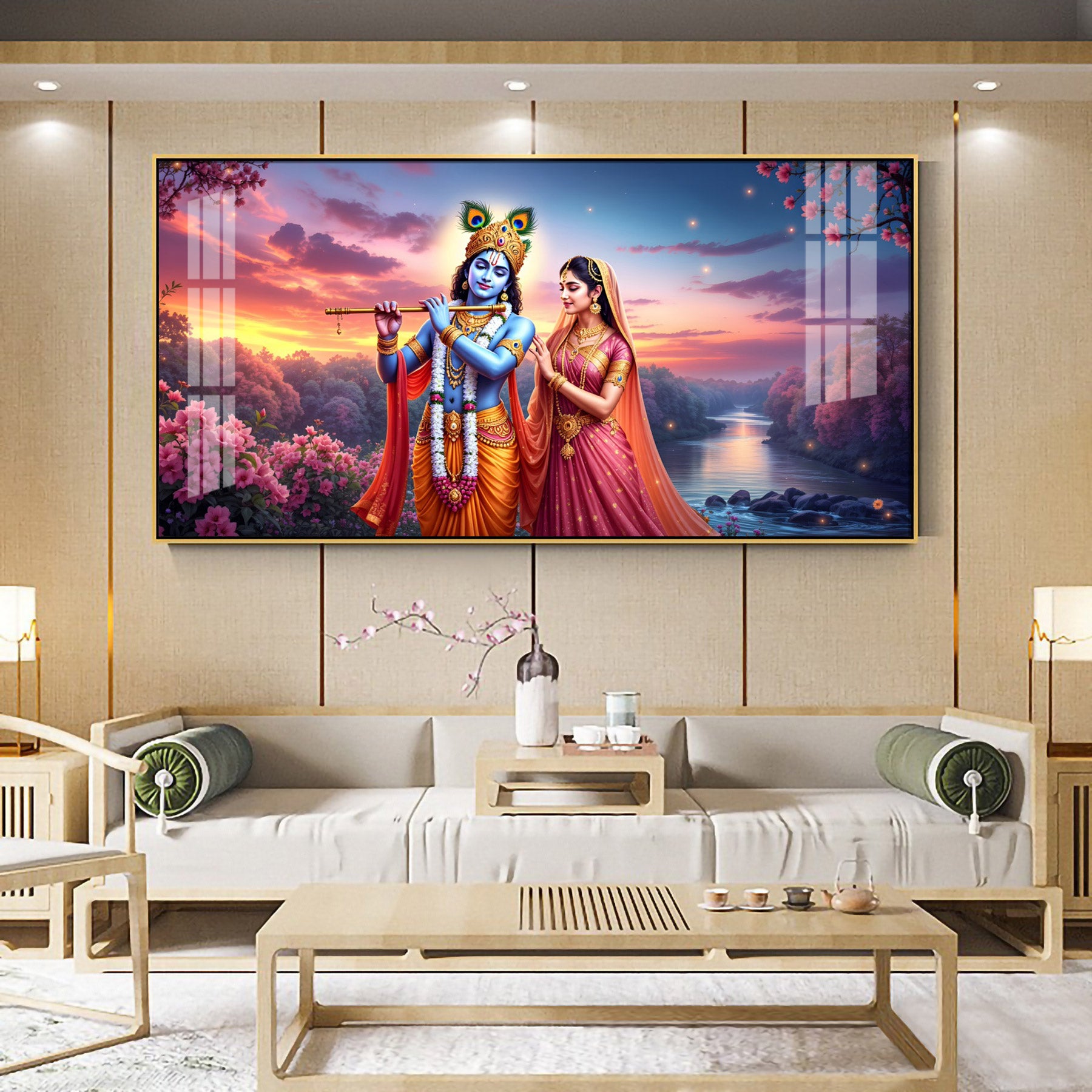 Mystic Grove of Krishna and Radha Premium Acrylic Horizontal Wall Art