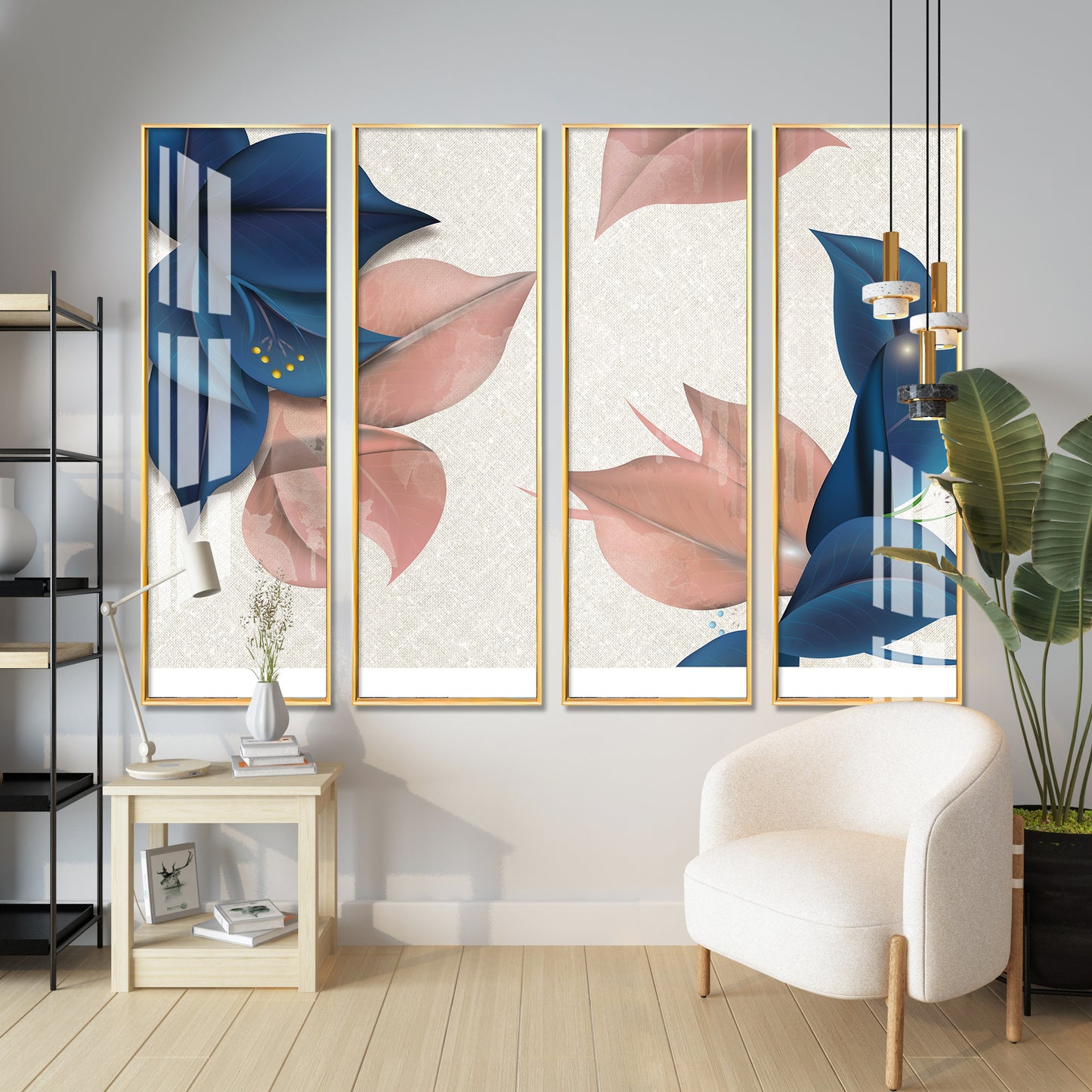 Blue & Peach Flowers Premium Acrylic Vertical Wall Art (set of 4)